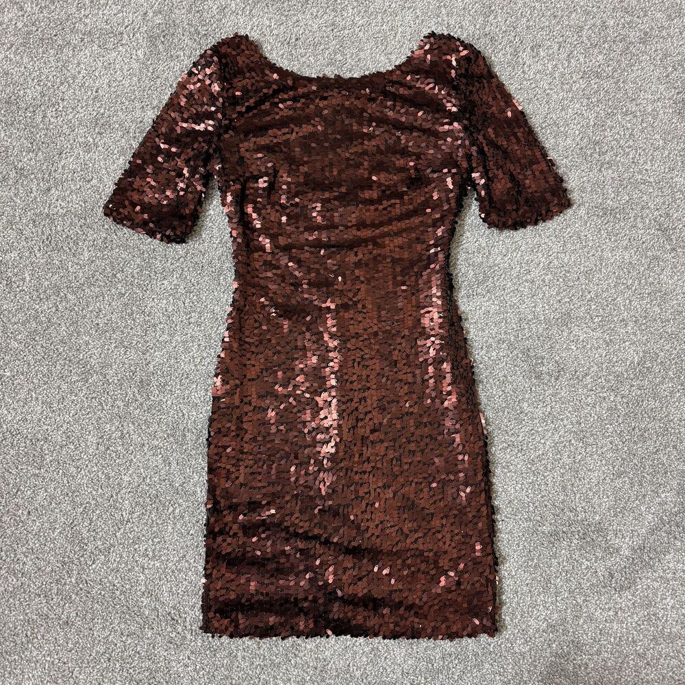 Sequin Dress Womens Small Brown Bodycon Short Sleeve Party Cocktail Mini